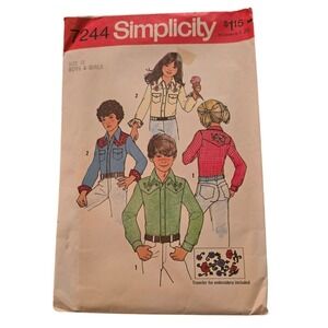 1975 Simplicity 7244 Boys Girls Western Shirt Sewing Pattern SZ 12 NO TRANSFERS